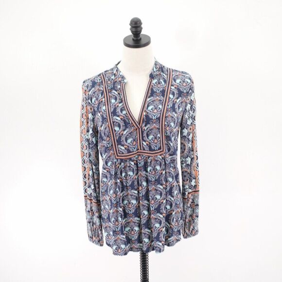 Ann Taylor Loft Blue Teal V-Neck Long Sleeve Floral Paisley Top Small Rayon - Picture 1 of 9